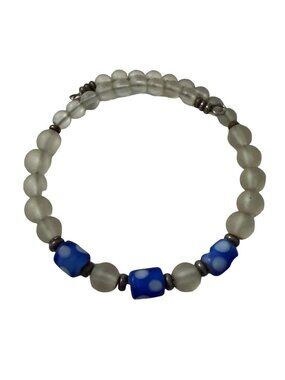 Blue White Lampwork Art Glass Frosted Bead Bracelet Silver Tone Artisan